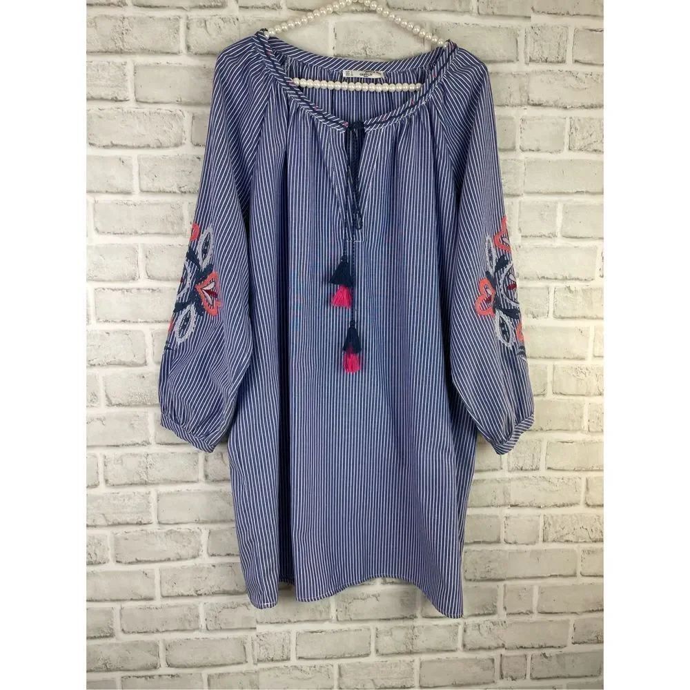 GRIFFLIN Paris Striped and Embossed Floral Tunic Dress Long Tassel Dress Sz L